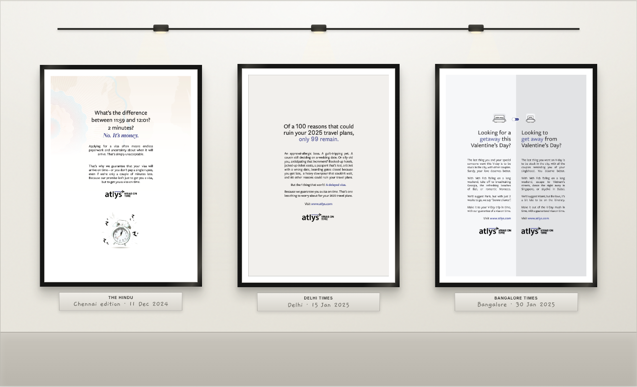Three Atlys print ads framed together on a gallery wall